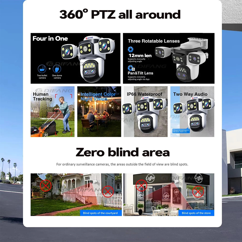 10K 20MP Home Security WiFi Camera Four Len Four Screen 360° PTZ 10X Zoom CCTV Wireless Surveillance IP Cam Security Protection
