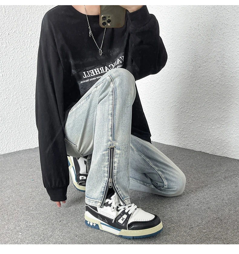 2024 Spring New Style Korean Style Men Fashionable Retro Street Jeans Zip Design on Trouser Legs Straight-leg Denim Pants Black