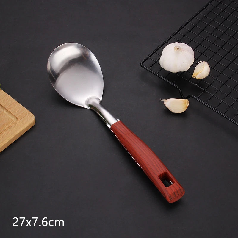 Wooden Handle Frying Spatula Tongue Spoon Stainless Steel BBQ Meat Fork Colander Home Cooking Pots Set Kitchen Accessories