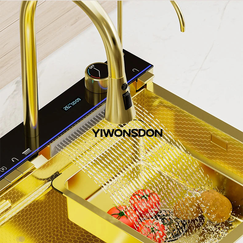 Nano Multifunctional Kitchen Sink Large Single Slot Integrated Digital Display Waterfall Faucet Soap Dispenser Cup Washer Pure