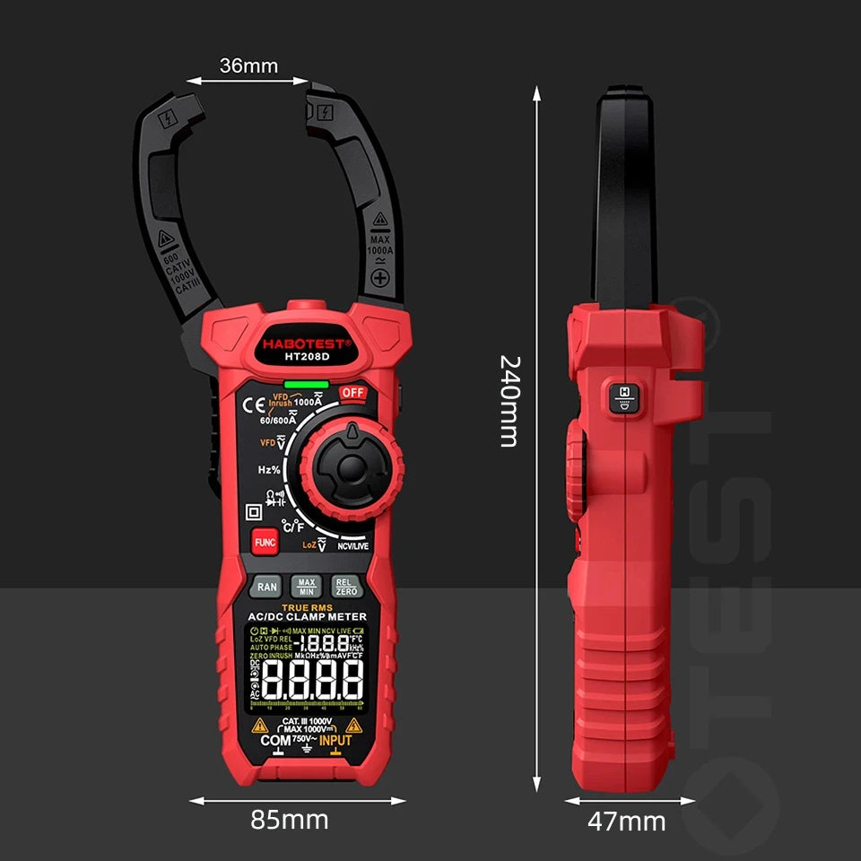 HT208A/D AC/DC Digital Clamp Meter Meter Multimeter Pinza Amperimetrica True RMS High Precision Capacitance NCV Ohm Hz Tester