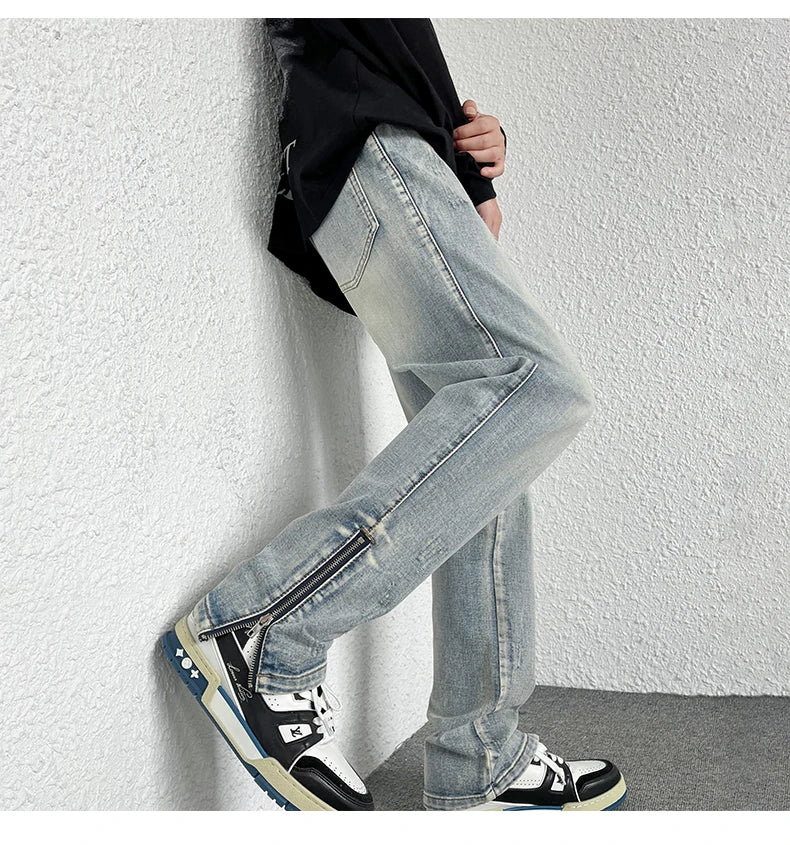 2024 Spring New Style Korean Style Men Fashionable Retro Street Jeans Zip Design on Trouser Legs Straight-leg Denim Pants Black