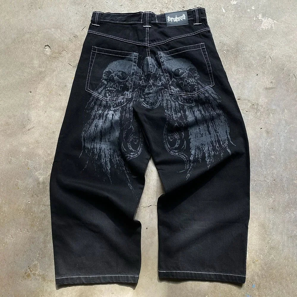 Skull bone print pattern oversized loose jeans men's Y2K street hip-hop Harajuku fashion high waist wide leg straight leg women