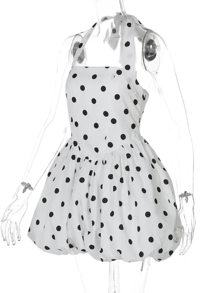 Polka Dot Halter Strapless Dress Women Elegant Sleeveless Backless Waist Cinching Ball Gown Fashion Chic Ladies Evening Dresses