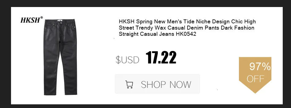 HKSH Men's Tide Streetwear Jeans RO Style Women's Autumn Winter Urban Spiral Track Twisted Large Zipper Dark Denim Pants HK1407
