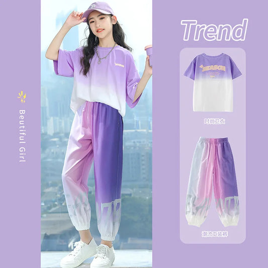 Children Clothes Girl Kids Top and Bottom Clothes Set Purple Gradient Color 2-piece Casual Sports Street Style Suit