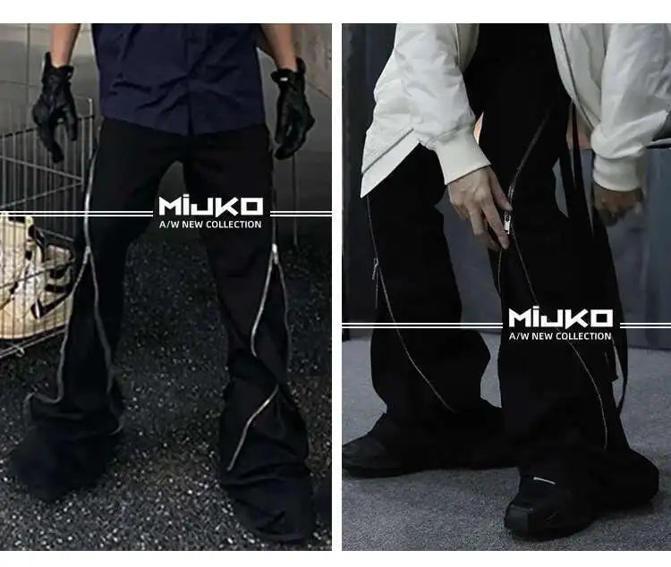 HKSH Men's Tide Streetwear Jeans RO Style Women's Autumn Winter Urban Spiral Track Twisted Large Zipper Dark Denim Pants HK1407