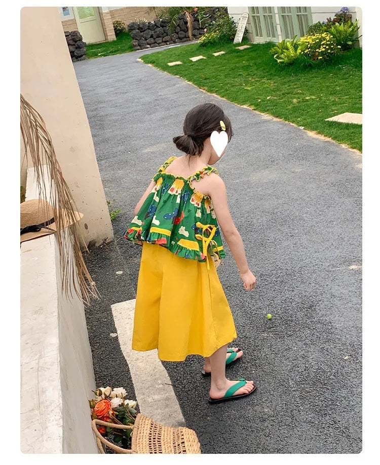 Children's Clothing Sets Cartoon Print Halter Top + Wide-leg Pants 2pcs Toddler Clothes for 2 To 7years Kids Boutique Clothes