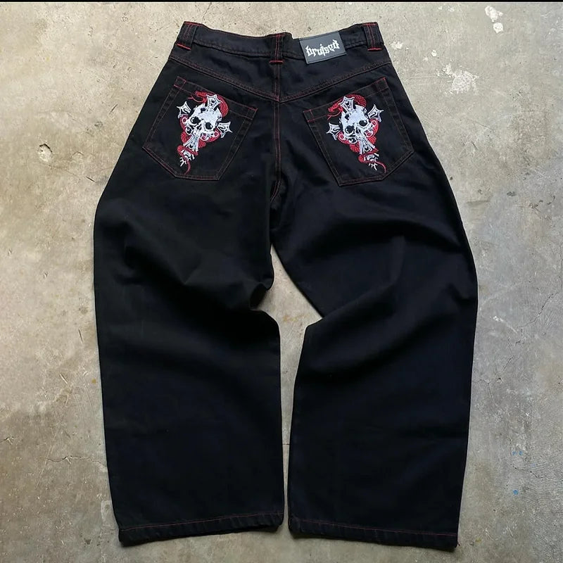 Skull bone print pattern oversized loose jeans men's Y2K street hip-hop Harajuku fashion high waist wide leg straight leg women