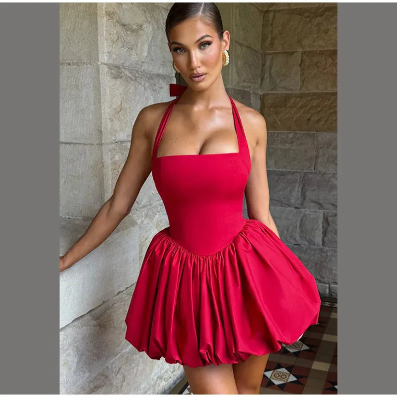 Elegant Pink Halter Pleated Mini Dress Women Lace-up Backless Off Shoulder Puff Hem A-line Short Gowns Summer Lady Party Robe