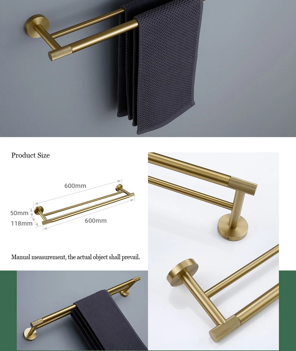 Brushed Gold Bathroom Accessories Towel Bar Bath Robe Hook Brass Knurled Bathroom Hardware Set Shelf for Towels Paper Tissue Hol