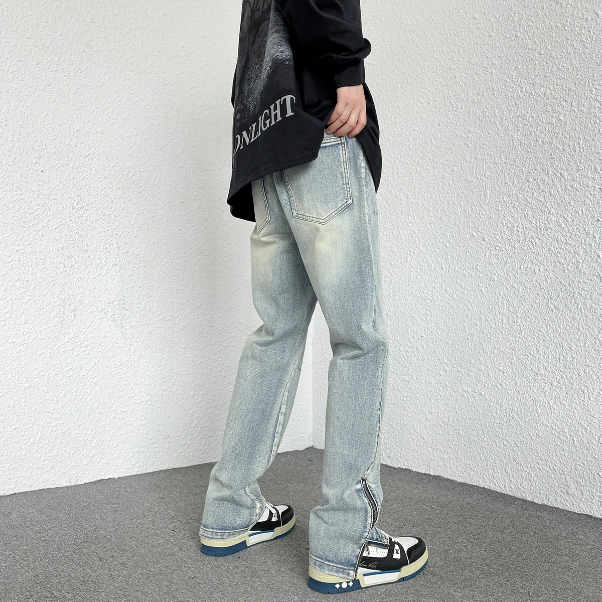 2024 Spring New Style Korean Style Men Fashionable Retro Street Jeans Zip Design on Trouser Legs Straight-leg Denim Pants Black