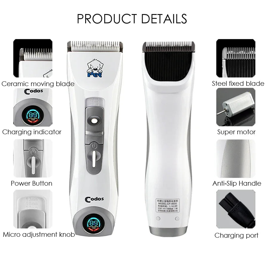 Codos CP9600 Professional Pet Clipper Cat Dog Clippers Shaver Electric Grooming Trimmer Rechargeable Haircut Machine LCD Display