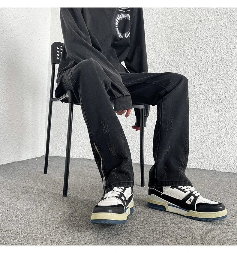 2024 Spring New Style Korean Style Men Fashionable Retro Street Jeans Zip Design on Trouser Legs Straight-leg Denim Pants Black