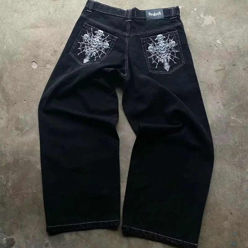 Skull bone print pattern oversized loose jeans men's Y2K street hip-hop Harajuku fashion high waist wide leg straight leg women