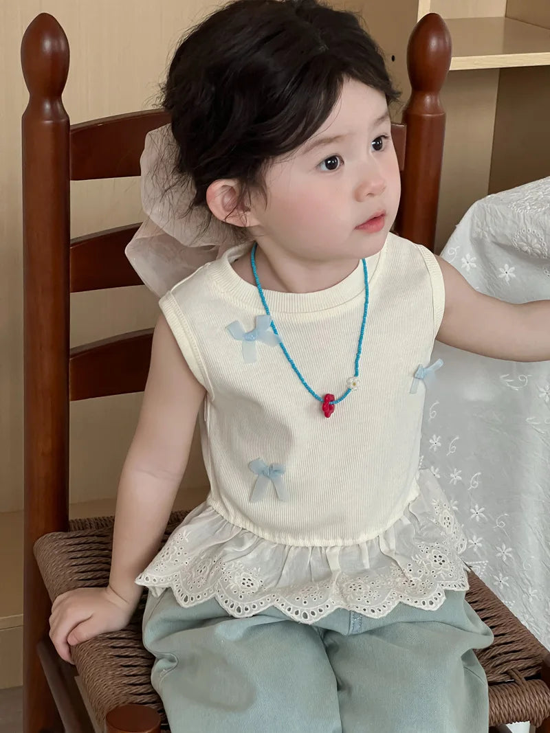 Children Clothes Girl 1-8 Y Baby Girls Clothes Cotton Sleeveless Top with Bowknot and Lace Trim Soft and Cute for Daily Wear
