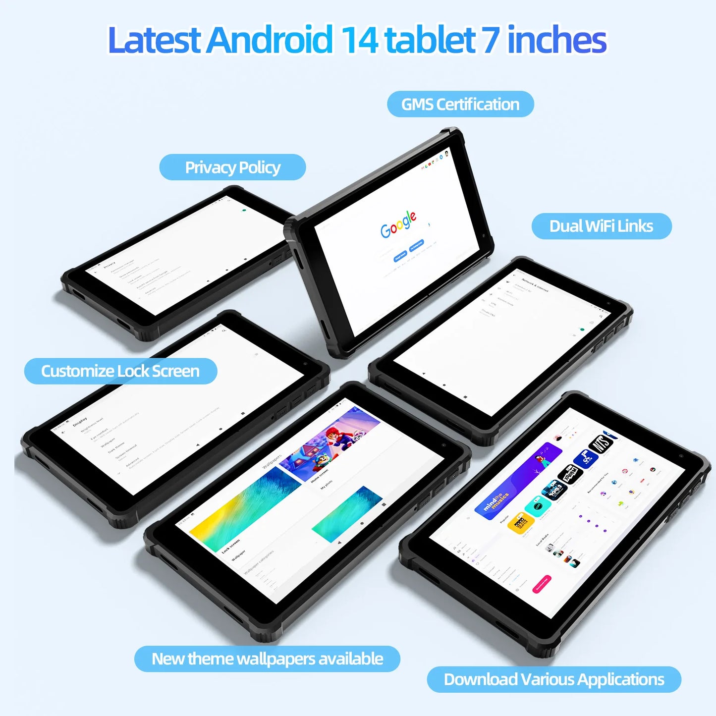 PRITOM Tablet 7" Android 14 Tablets, 8GB RAM(3+5GB Expand) 64GB ROM, A523 Octa-Core Processor, 5G WiFi+WiFi6, Dual Camera,Black