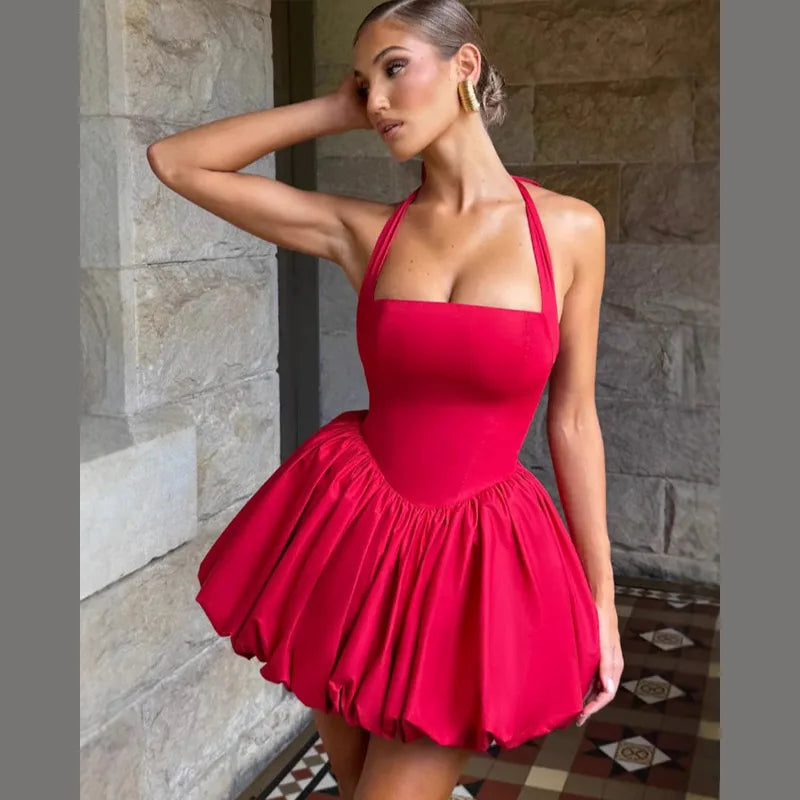Elegant Pink Backless Pleated Lace-up Halter Mini Dress Women Off Shoulder Sleeve Puff Hem A-line Dresses Summer Lady Partywear