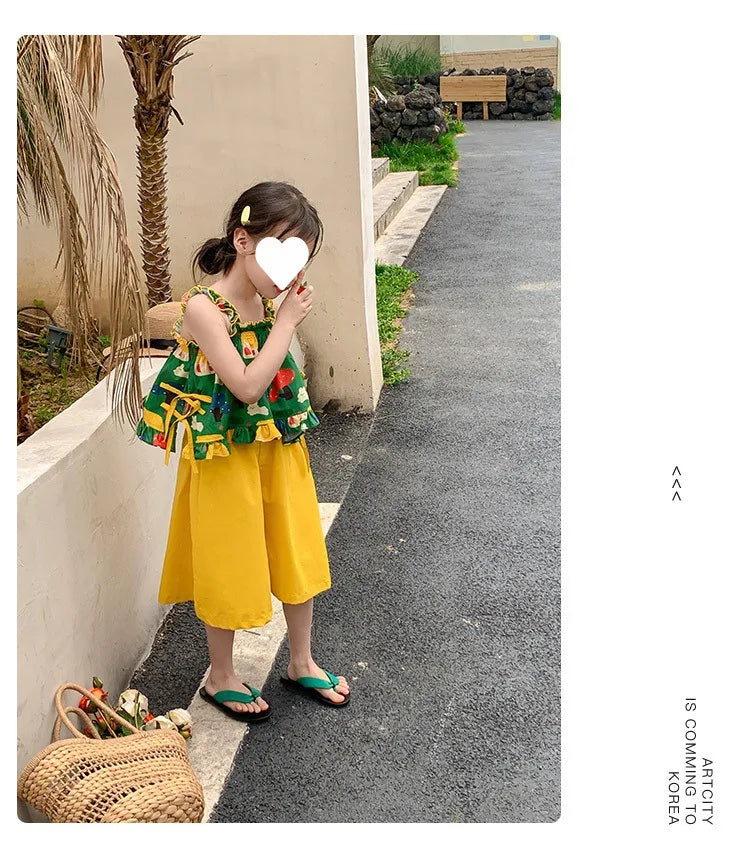 Children's Clothing Sets Cartoon Print Halter Top + Wide-leg Pants 2pcs Toddler Clothes for 2 To 7years Kids Boutique Clothes
