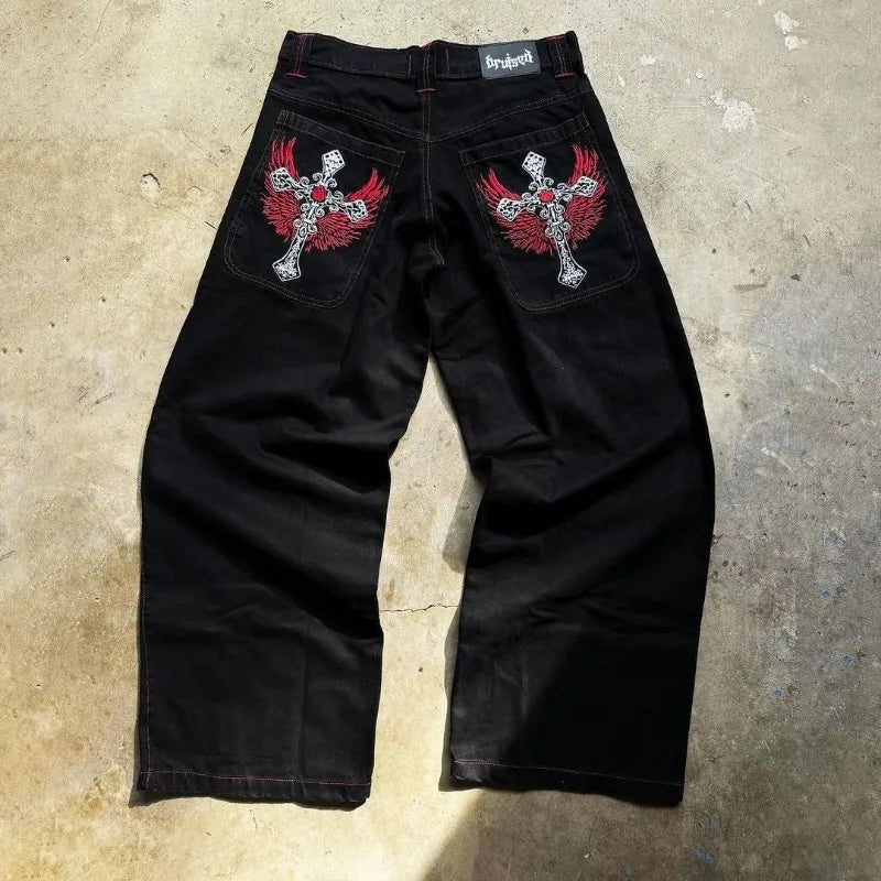 Skull bone print pattern oversized loose jeans men's Y2K street hip-hop Harajuku fashion high waist wide leg straight leg women