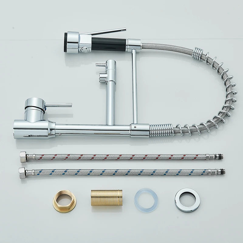 Chrome Spring Pull Down Kitchen Faucet Hot and Cold Water Deck Mounted Tap 360 Rotate Single Hole Single Handle