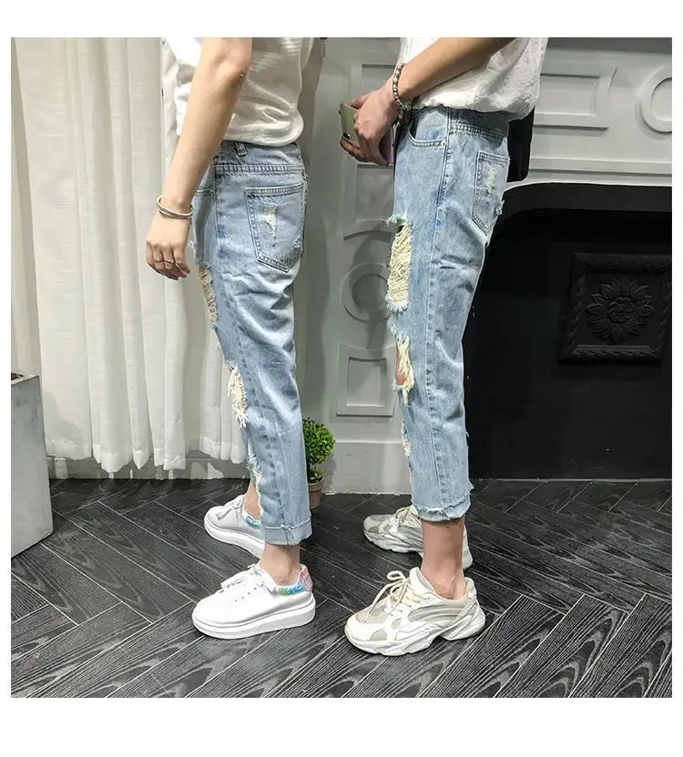 Men Jeans Knee Hole Ripped Stretch Skinny Denim Pants Solid Color  Autumn Summer Hip-Hop Style Slim Fit Trousers 2023 pantalones