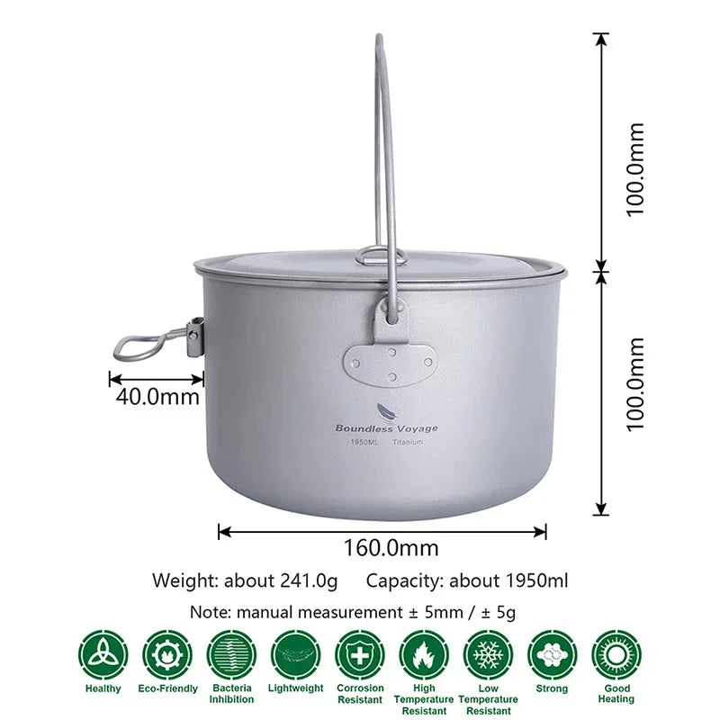 Boundless Voyage Outdoor Camping Titanium Cooking Pots Hanging Pot with Handle Picnic Hiking Kettle Cookware 1.3L 1.95L 2.9L