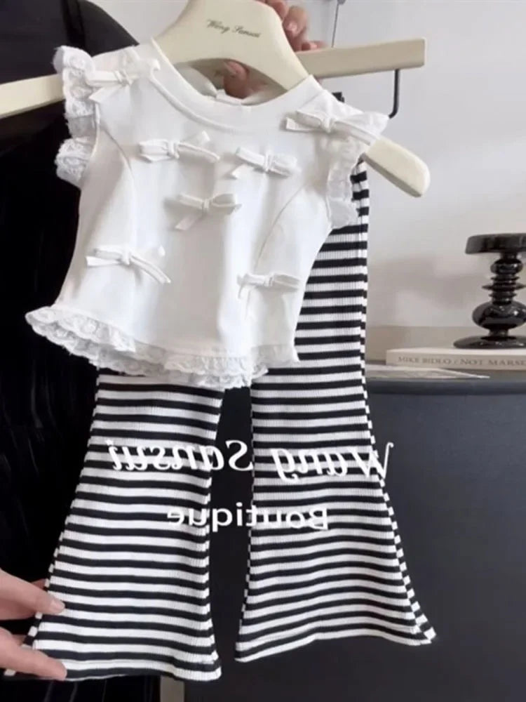 Children's Clothing Sets Bow-Detail Camisole + Striped Flared Trousers 2pcs Sets Toddler Girl Clothes Baby Girl Outfit Set