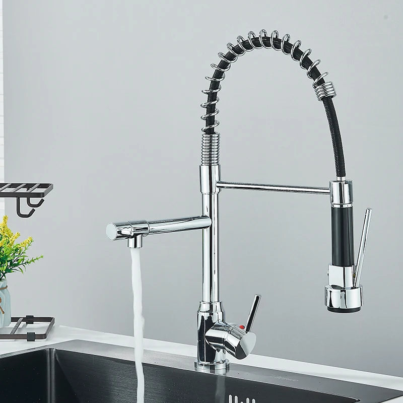 Chrome Spring Pull Down Kitchen Faucet Hot and Cold Water Deck Mounted Tap 360 Rotate Single Hole Single Handle