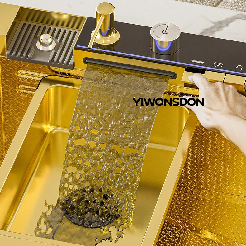 Nano Multifunctional Kitchen Sink Large Single Slot Integrated Digital Display Waterfall Faucet Soap Dispenser Cup Washer Pure