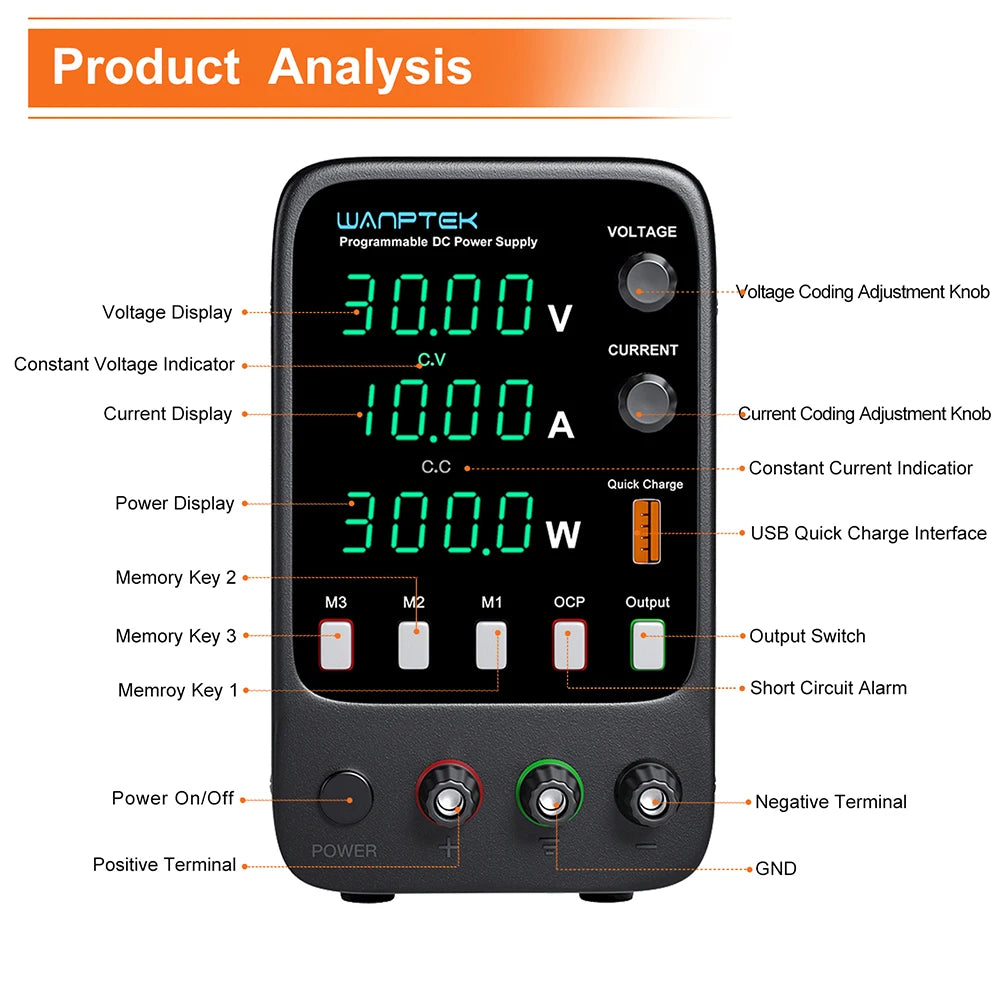 Wanptek Lab DC Power Supply Encoder adjustment Memory Adjustable 30V 10A Bench Power Source 160V 120V 60V 5A 3A Metal anodizing