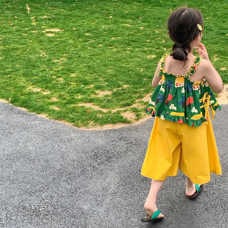 Children's Clothing Sets Cartoon Print Halter Top + Wide-leg Pants 2pcs Toddler Clothes for 2 To 7years Kids Boutique Clothes