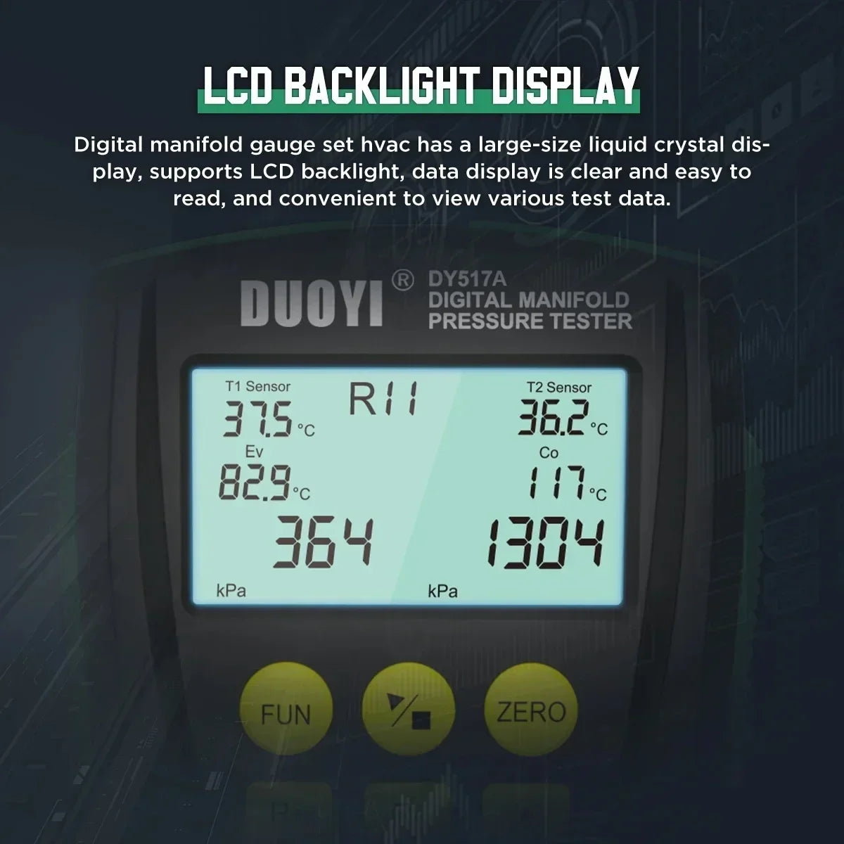 Digital refrigeration pressure gauge, air conditioning temperature detector, multi-function vacuum pressure test tool kit