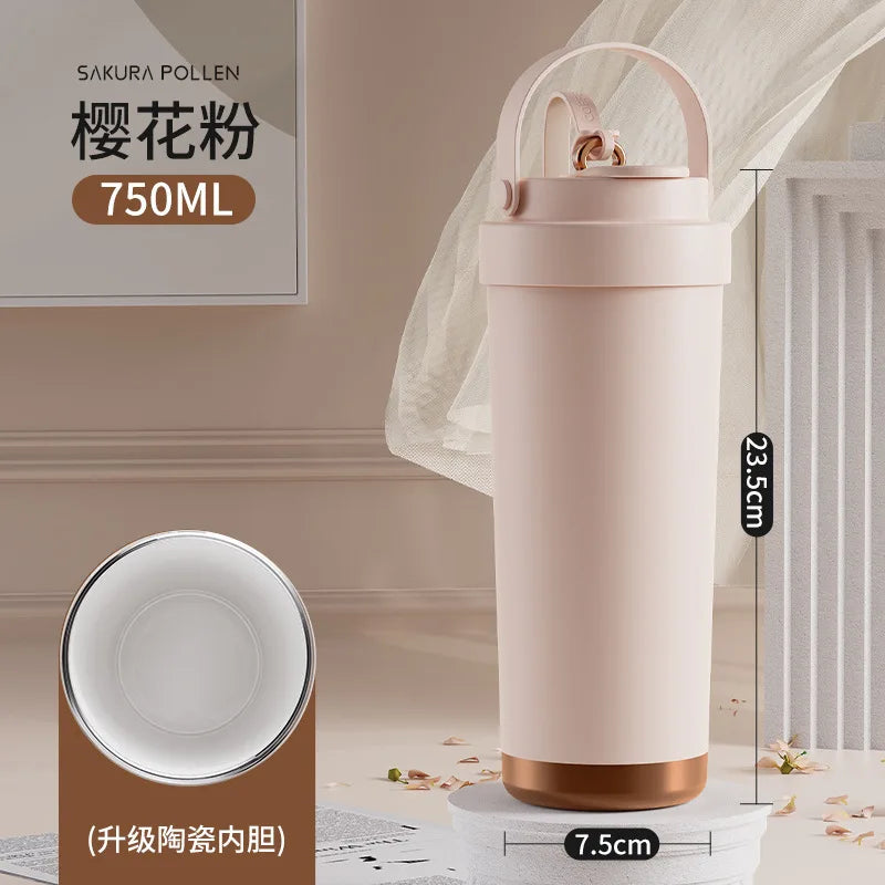 Large capacity ceramic inner pot insulated cup, women's office dual drink coffee cup, portable straw, car water cup