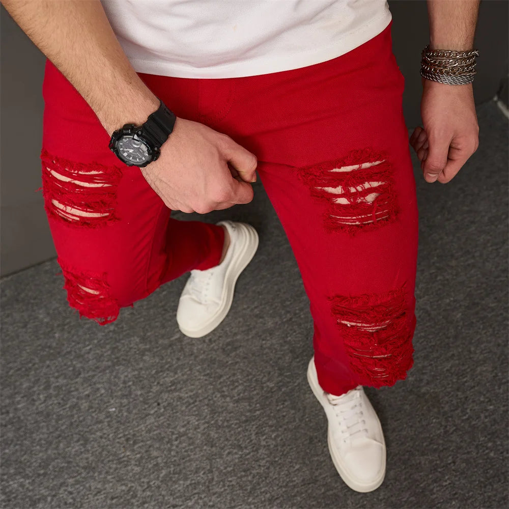 High Street Men HipHop Holes Skinny Stretch Jeans Trousers Stylish Male Distressed Slim Denim Pencil Pants