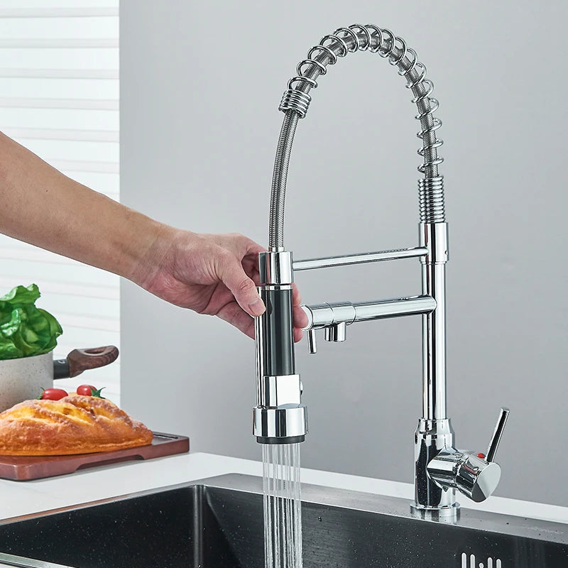 Chrome Spring Pull Down Kitchen Faucet Hot and Cold Water Deck Mounted Tap 360 Rotate Single Hole Single Handle