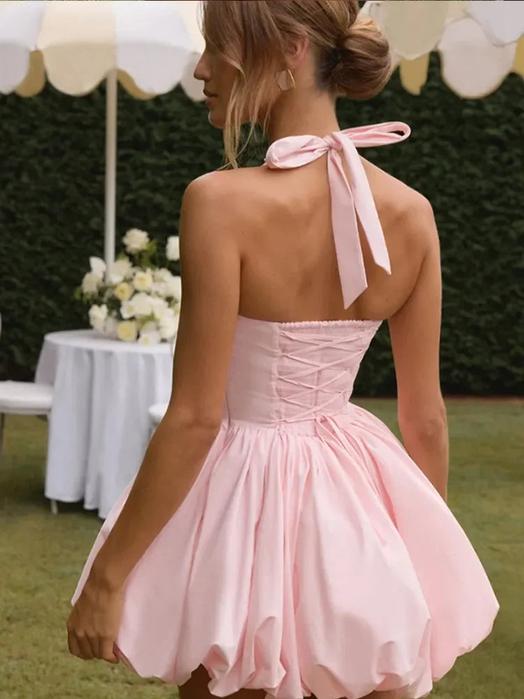 Elegant Pink Backless Pleated Lace-up Halter Mini Dress Women Off Shoulder Sleeve Puff Hem A-line Dresses Summer Lady Partywear
