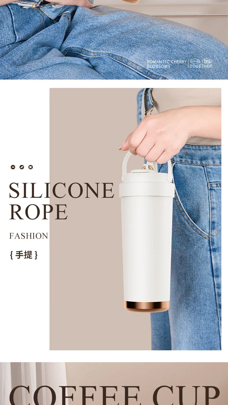 Large capacity ceramic inner pot insulated cup, women's office dual drink coffee cup, portable straw, car water cup