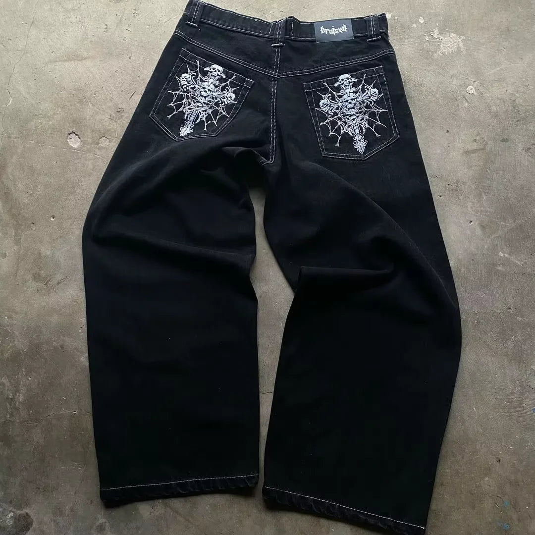 Skull bone print pattern oversized loose jeans men's Y2K street hip-hop Harajuku fashion high waist wide leg straight leg women