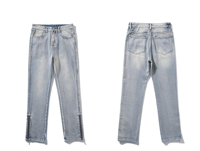 2024 Spring New Style Korean Style Men Fashionable Retro Street Jeans Zip Design on Trouser Legs Straight-leg Denim Pants Black