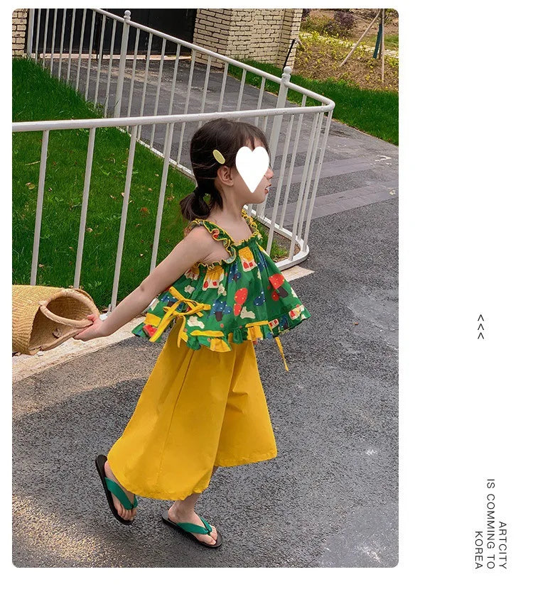 Children's Clothing Sets Cartoon Print Halter Top + Wide-leg Pants 2pcs Toddler Clothes for 2 To 7years Kids Boutique Clothes