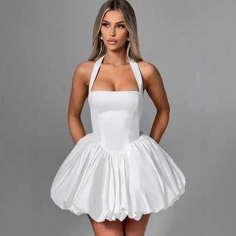 Sexy Lace-up Backless Pleated Halter Mini Dress Women Fashion Off Shoulder Puff Hem A-line Dresses 2025 Summer Lady Partywear