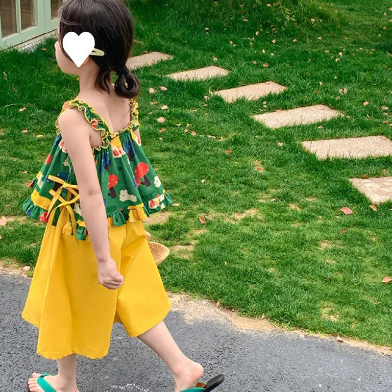 Children's Clothing Sets Cartoon Print Halter Top + Wide-leg Pants 2pcs Toddler Clothes for 2 To 7years Kids Boutique Clothes