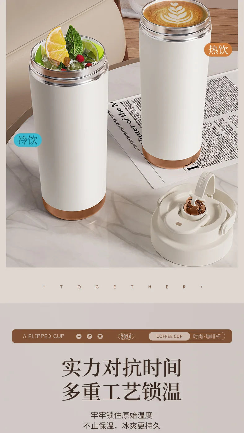 Large capacity ceramic inner pot insulated cup, women's office dual drink coffee cup, portable straw, car water cup