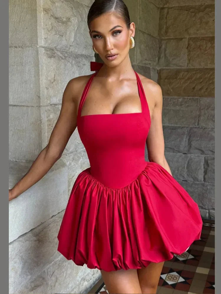 Sexy Lace-up Backless Pleated Halter Mini Dress Women Fashion Off Shoulder Puff Hem A-line Dresses 2025 Summer Lady Partywear