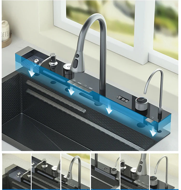 Nano Multifunctional Kitchen Sink Large Single Slot Integrated Digital Display Waterfall Faucet Soap Dispenser Cup Washer Pure