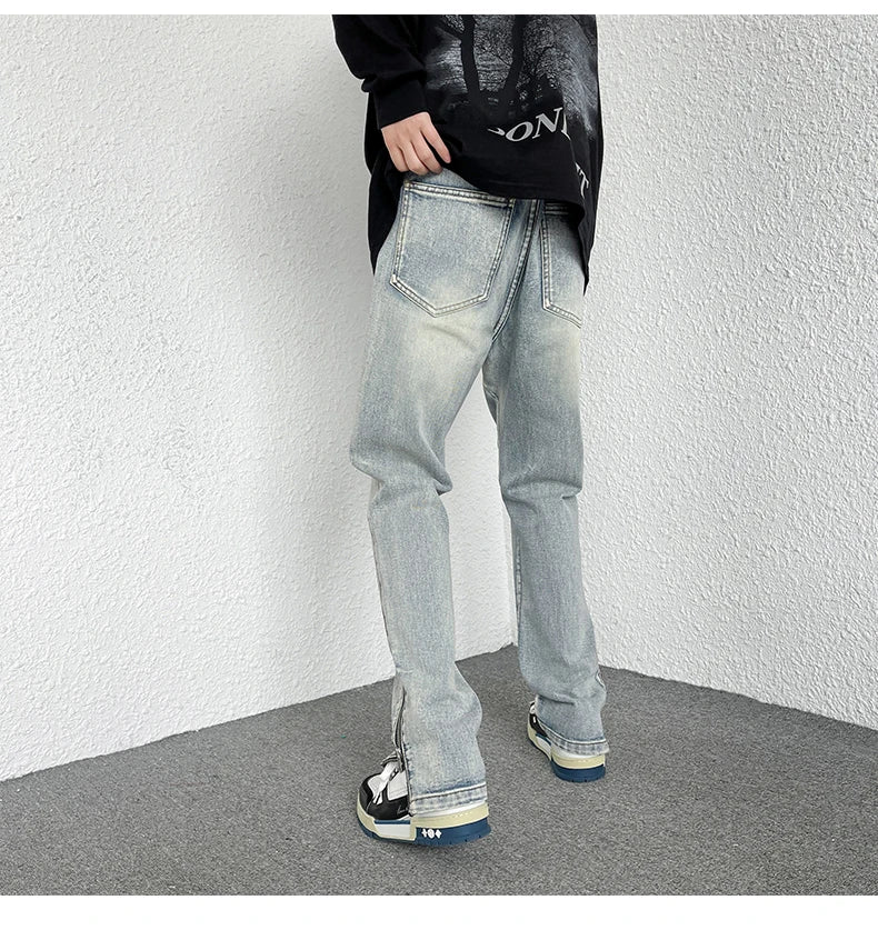 2024 Spring New Style Korean Style Men Fashionable Retro Street Jeans Zip Design on Trouser Legs Straight-leg Denim Pants Black