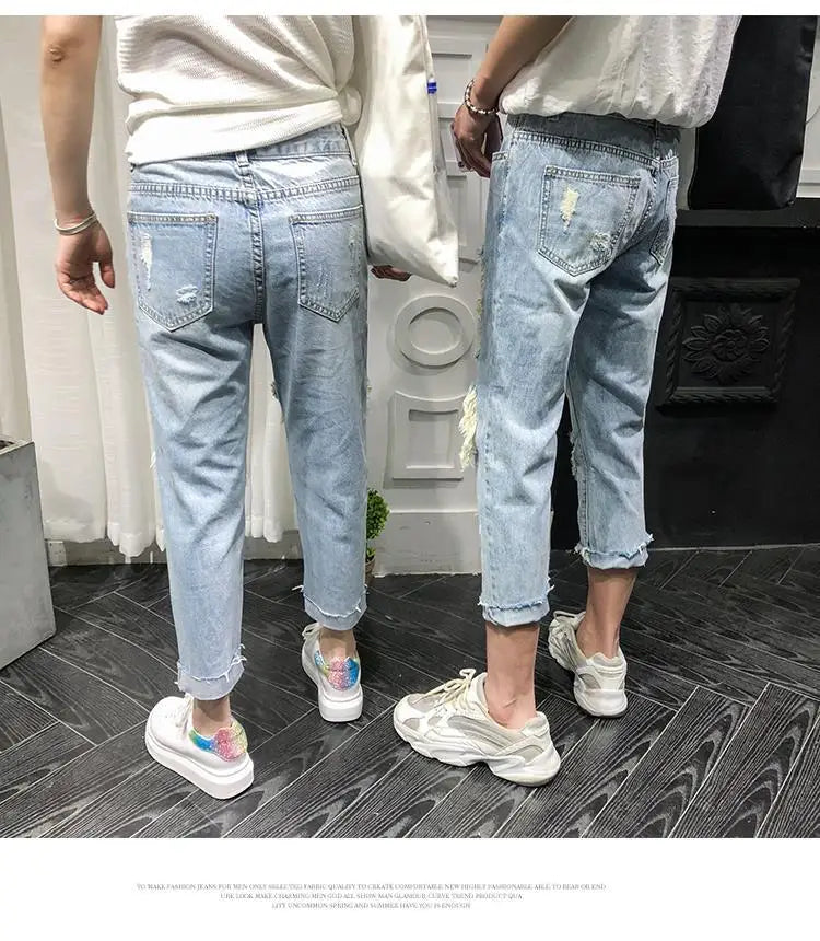 Men Jeans Knee Hole Ripped Stretch Skinny Denim Pants Solid Color  Autumn Summer Hip-Hop Style Slim Fit Trousers 2023 pantalones