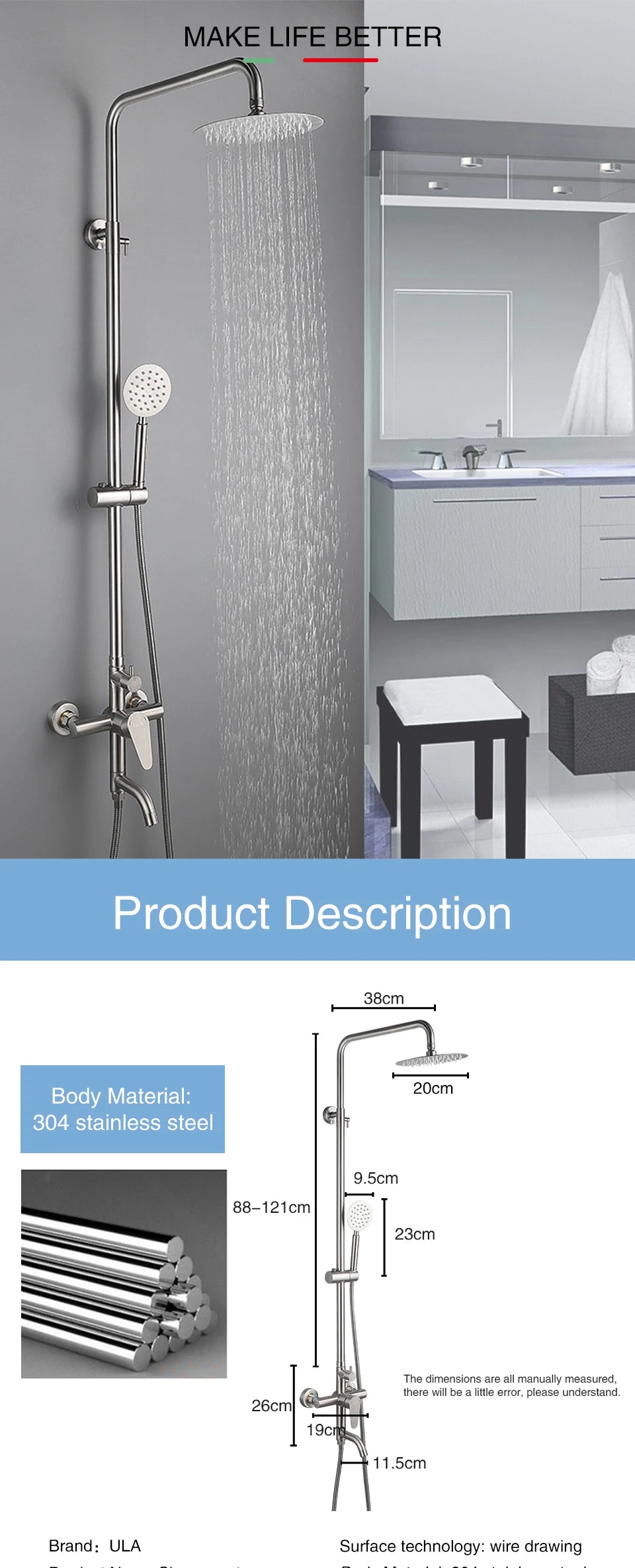 ULA Bathroom Faucet Brushed/Black Rain Shower Head Bath Faucet Wall Bathtub Shower Mixer Tap Shower System Shower Faucet Set