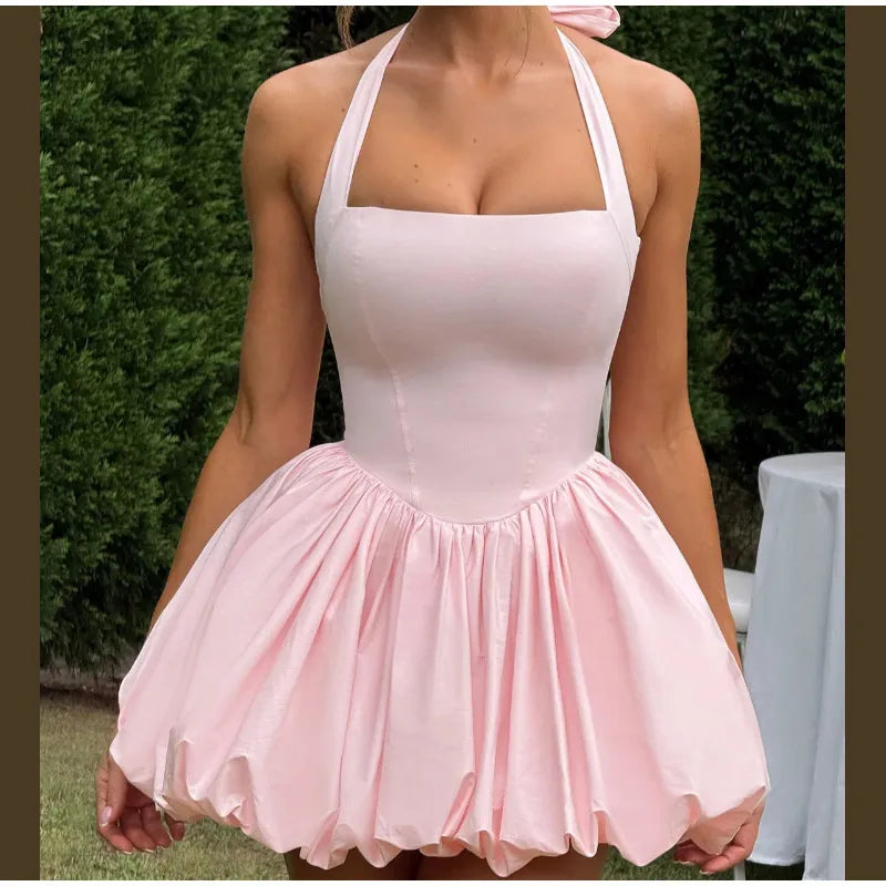 Elegant Pink Halter Pleated Mini Dress Women Lace-up Backless Off Shoulder Puff Hem A-line Short Gowns Summer Lady Party Robe